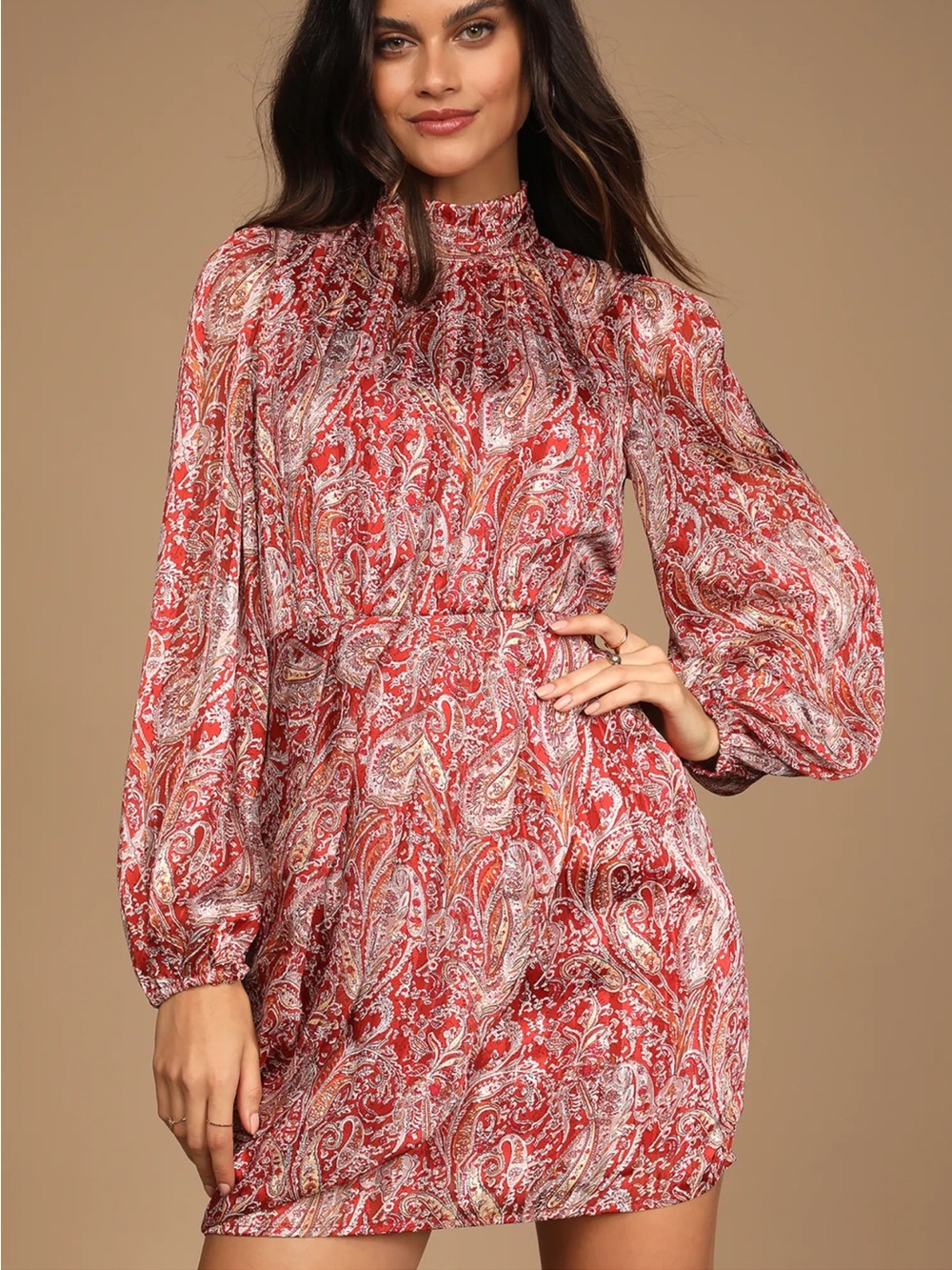 Cocktail Hour Chic Rust Red Paisley Print Long Sleeve Mini Dress